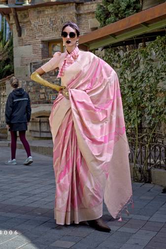baby pink katan silk blend handloom weaving saree