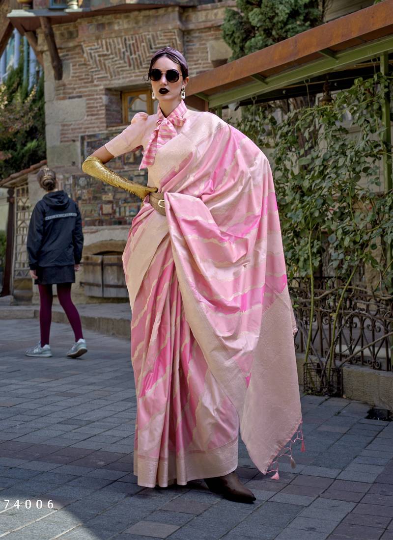 baby pink katan silk blend handloom weaving saree