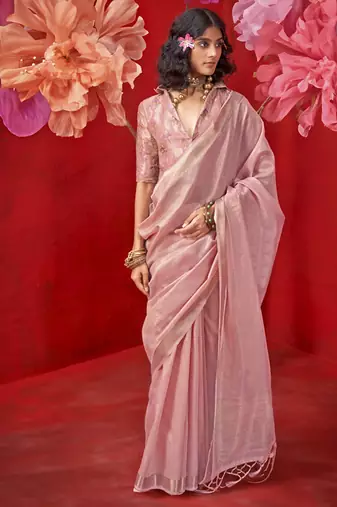 Light baby pink zari tissue handloom weaving silk saree