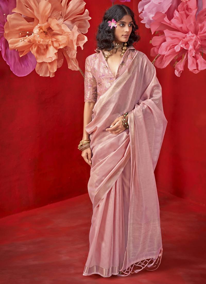 Light baby pink zari tissue handloom weaving silk saree