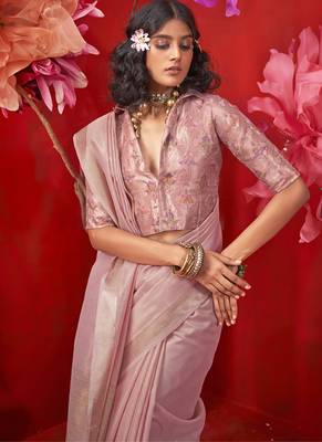 Light baby pink zari tissue handloom weaving silk saree 2