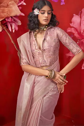 Light baby pink zari tissue handloom weaving silk saree