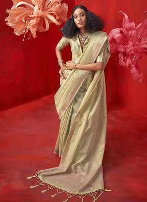 Beige zari tissue handloom weaving silk saree 1
