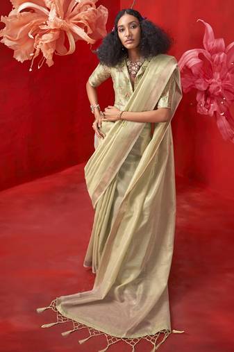 Beige zari tissue handloom weaving silk saree