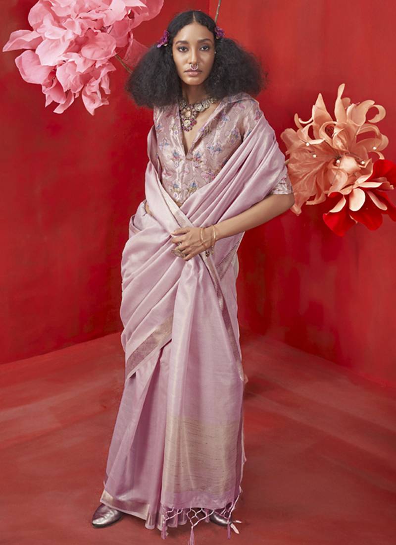 Light lilac zari tissue handloom weaving silk saree