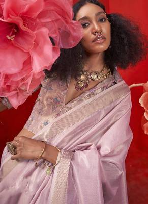 Light lilac zari tissue handloom weaving silk saree 2