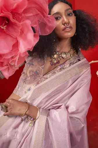Light lilac zari tissue handloom weaving silk saree