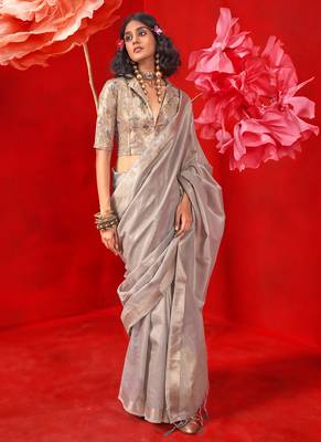 Light gray zari tissue handloom weaving silk saree 1