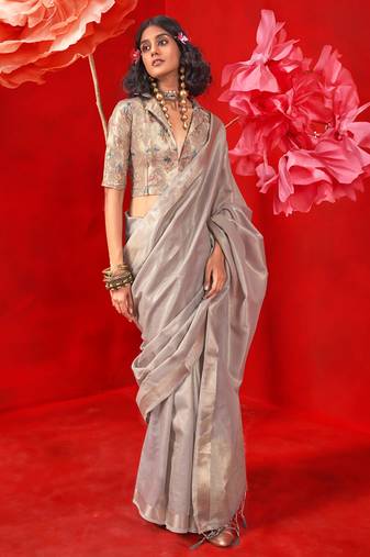 Light gray zari tissue handloom weaving silk saree