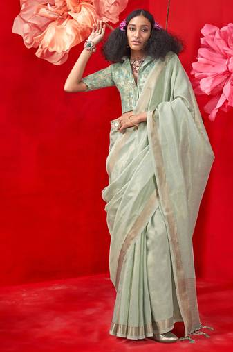 Light pista zari tissue handloom weaving silk saree