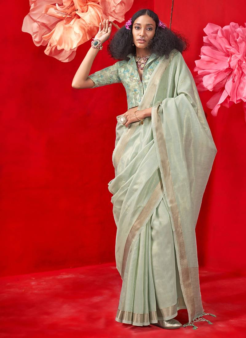 Light pista zari tissue handloom weaving silk saree