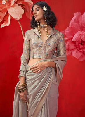 Light gray zari tissue handloom weaving silk saree 2