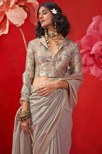 Light gray zari tissue handloom weaving silk saree