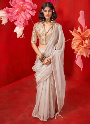Light off-white zari tissue handloom weaving silk saree 1