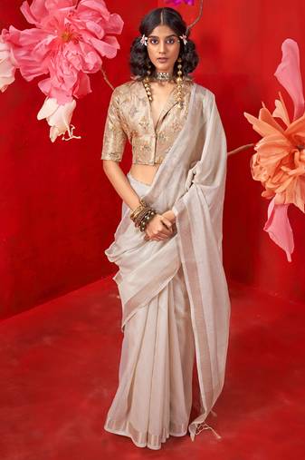 Light off-white zari tissue handloom weaving silk saree