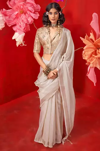 Light off-white zari tissue handloom weaving silk saree