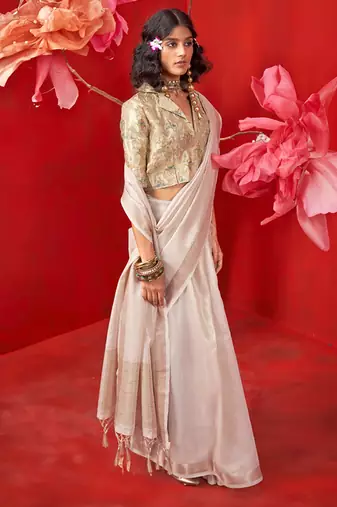 Light off-white zari tissue handloom weaving silk saree
