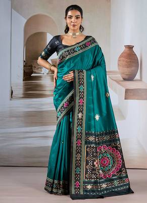 Teal patola handloom weaving silk Blend saree 1