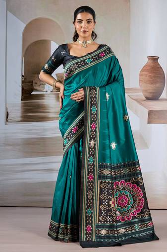 Teal patola handloom weaving silk Blend saree