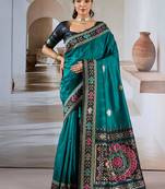 Teal patola handloom weaving silk Blend saree