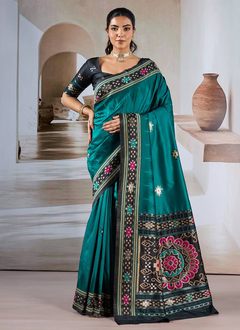 Teal patola handloom weaving silk Blend saree
