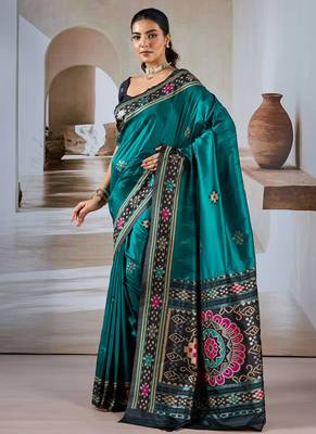 Teal patola handloom weaving silk Blend saree 2