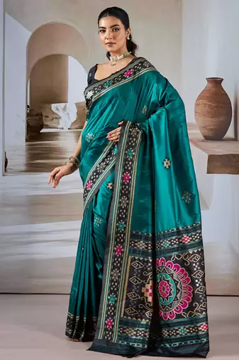 Teal patola handloom weaving silk Blend saree