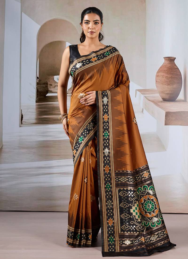 Rust patola handloom weaving silk Blend saree