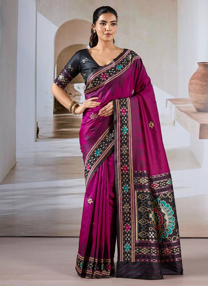 Rani pink patola handloom weaving silk Blend saree