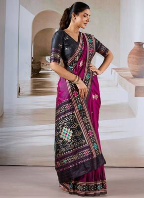 Rani pink patola handloom weaving silk Blend saree 4