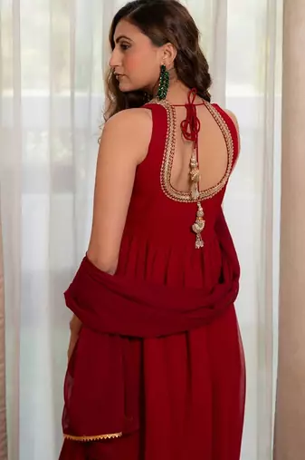Red anarkali with pant and dupatta (set of 3)