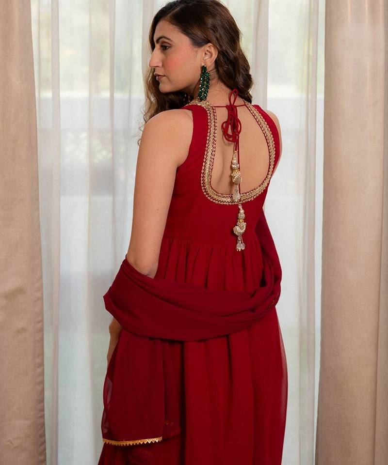 Red anarkali with pant and dupatta (set of 3)