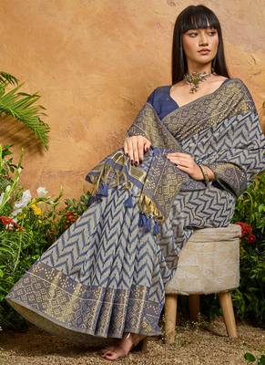 navy blue viscose cotton handloom weaving patola saree 1