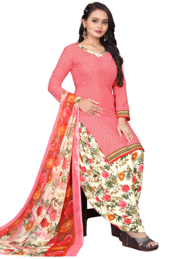 Unstitched printed crepe blend kurta & patiyala dress material with top, bottom & dupatta