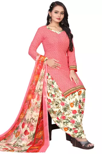 Unstitched printed crepe blend kurta & patiyala dress material with top, bottom & dupatta