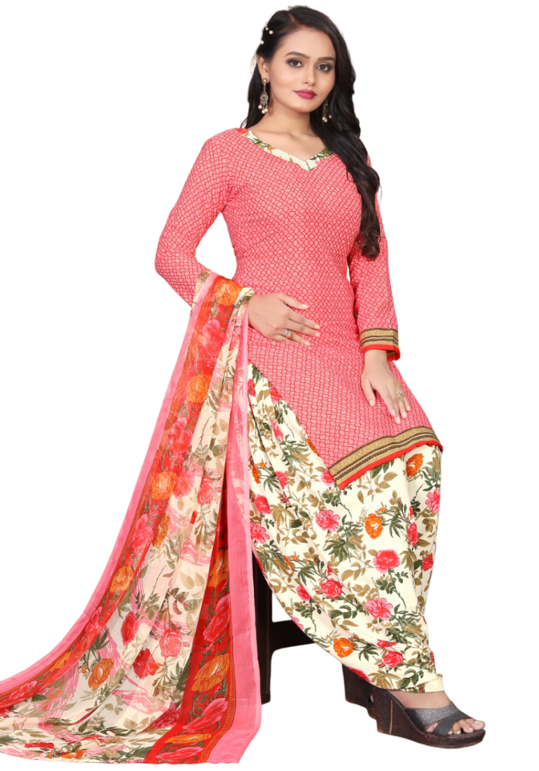 Unstitched printed crepe blend kurta & patiyala dress material with top, bottom & dupatta