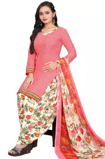 Unstitched printed crepe blend kurta & patiyala dress material with top, bottom & dupatta