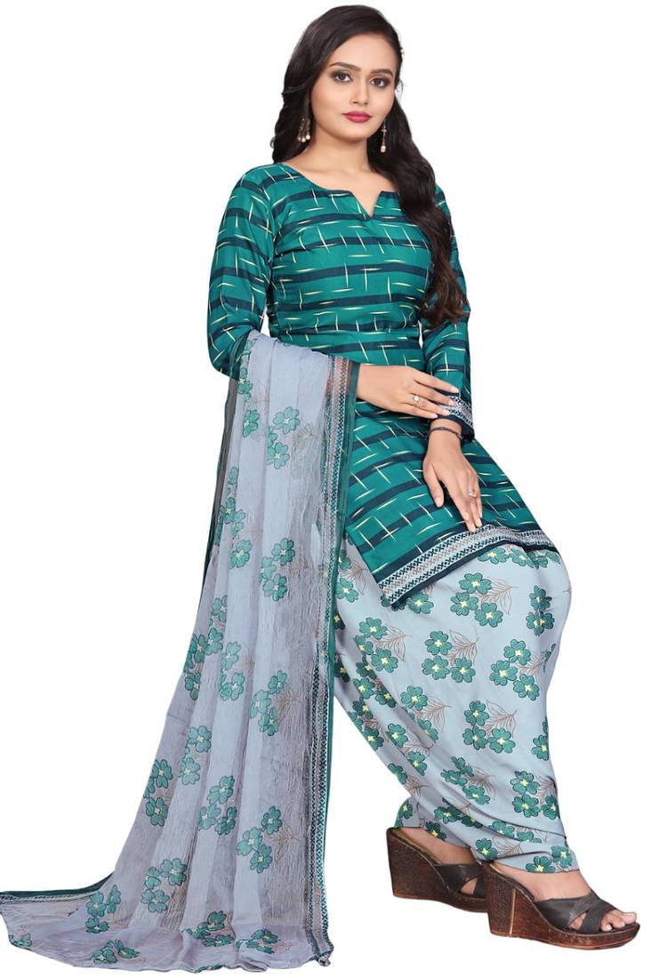 Unstitched printed crepe blend kurta & patiyala dress material with top, bottom & dupatta