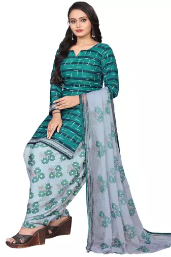 Unstitched printed crepe blend kurta & patiyala dress material with top, bottom & dupatta