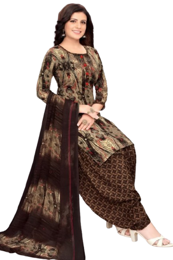 Unstitched printed crepe blend kurta & patiyala dress material with top, bottom & dupatta