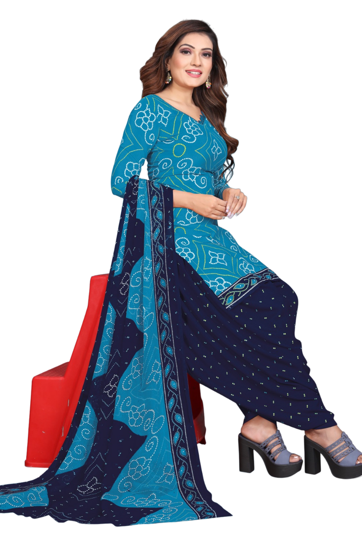 Unstitched printed crepe blend kurta & patiyala dress material with top, bottom & dupatta