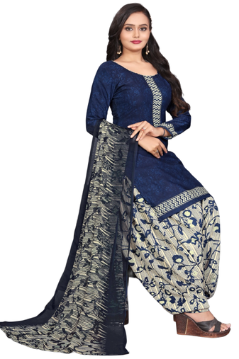 Unstitched printed crepe blend kurta & patiyala dress material with top, bottom & dupatta