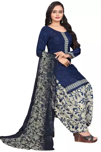 Unstitched printed crepe blend kurta & patiyala dress material with top, bottom & dupatta