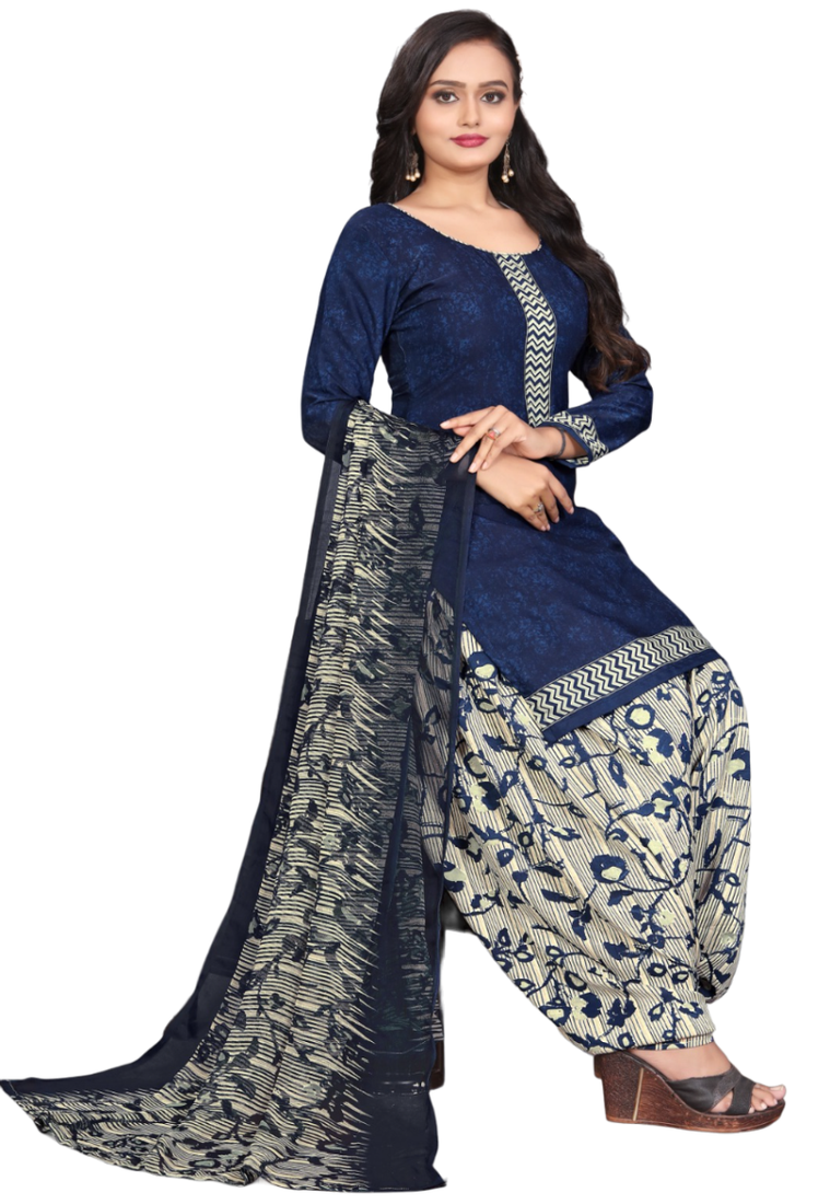 Unstitched printed crepe blend kurta & patiyala dress material with top, bottom & dupatta