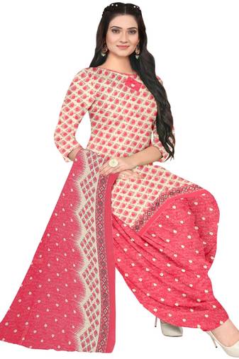 Unstitched printed crepe blend kurta & patiyala dress material with top, bottom & dupatta