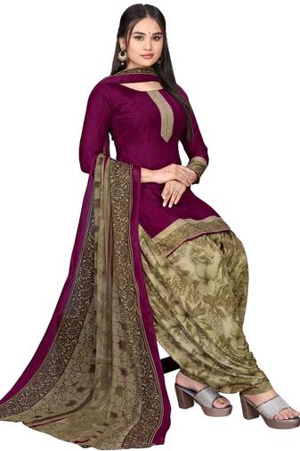 Unstitched printed crepe blend kurta & patiyala dress material with top, bottom & dupatta