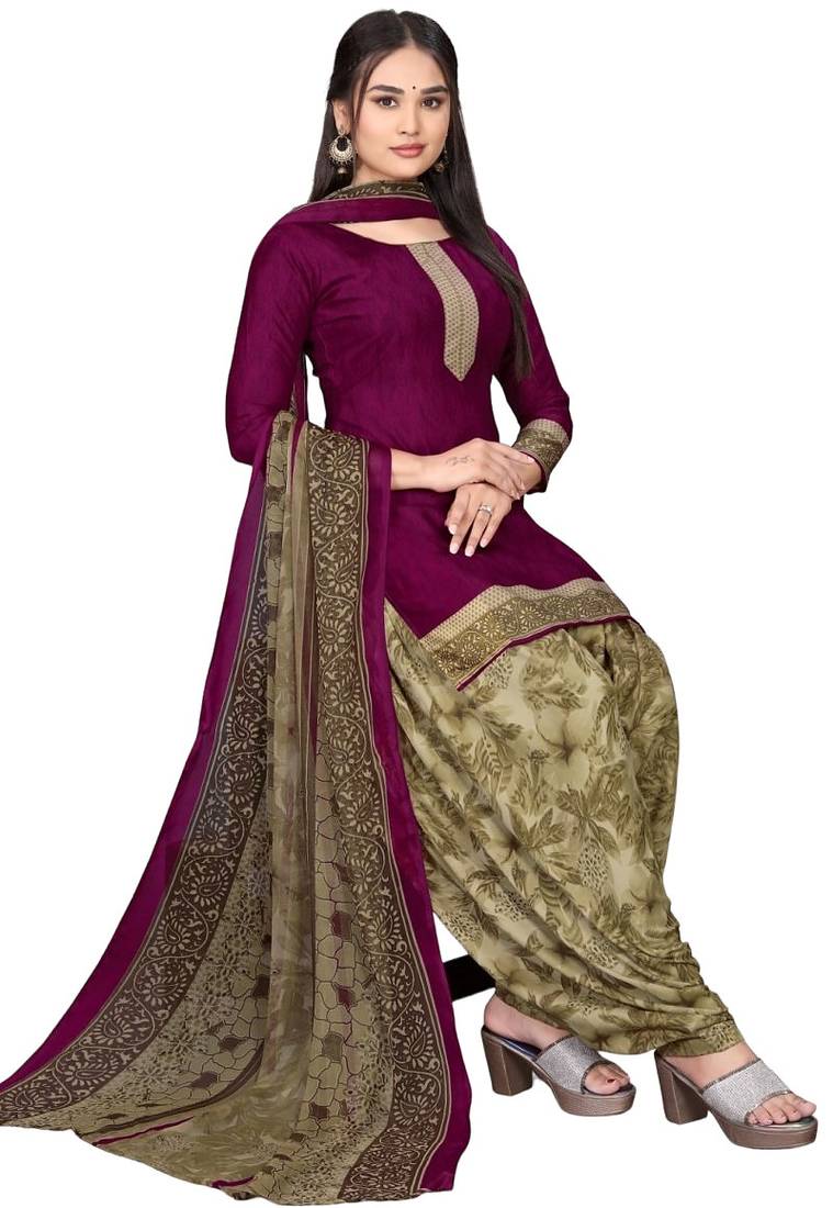 Unstitched printed crepe blend kurta & patiyala dress material with top, bottom & dupatta