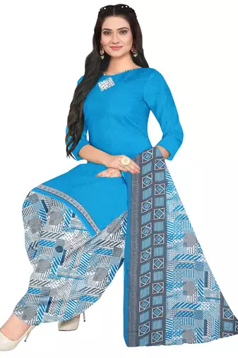 Unstitched printed crepe blend kurta & patiyala dress material with top, bottom & dupatta