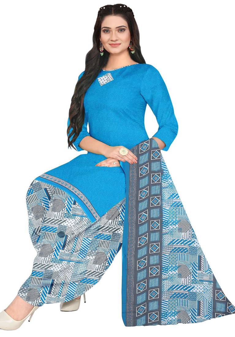 Unstitched printed crepe blend kurta & patiyala dress material with top, bottom & dupatta