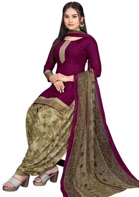 Unstitched printed crepe blend kurta & patiyala dress material with top, bottom & dupatta 2